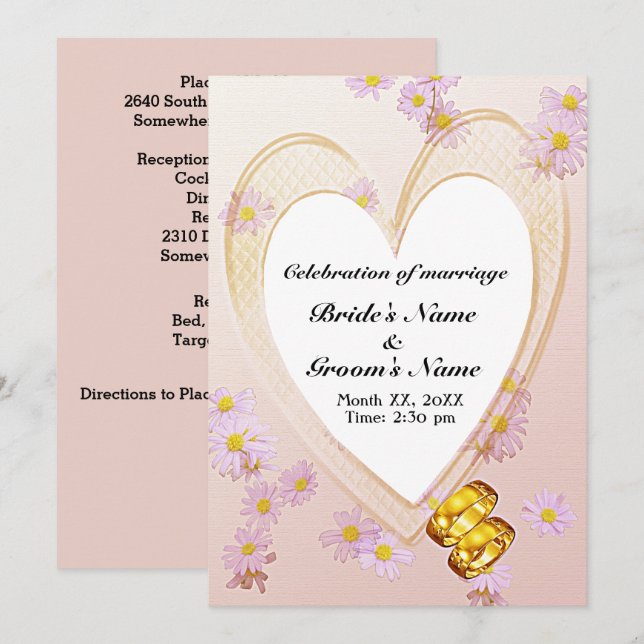Pink Flowers Heart Frame & Gold Rings Wedding Invitation (Front/Back)