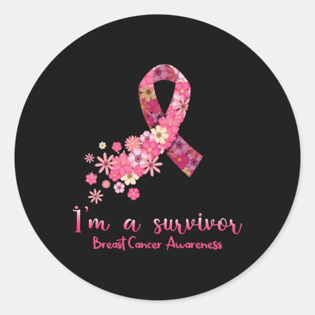 Pink Flowers Heart I'm A Survivor Breast Cancer Aw Classic Round Sticker (Front)