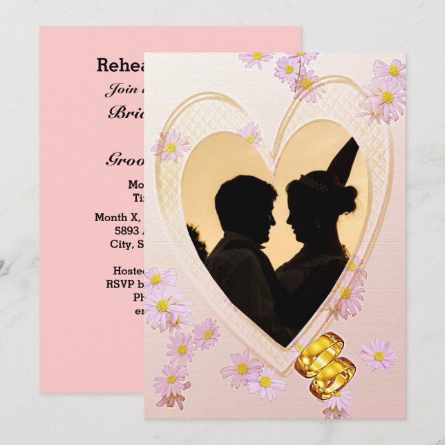 Pink Flowers, Heart, Photo, Rings Rehearsal Dinner Invitation (Front/Back)