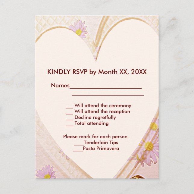 Pink Flowers, Heart, Rings RSVP Wedding Dinner Invitation Postcard (Front)