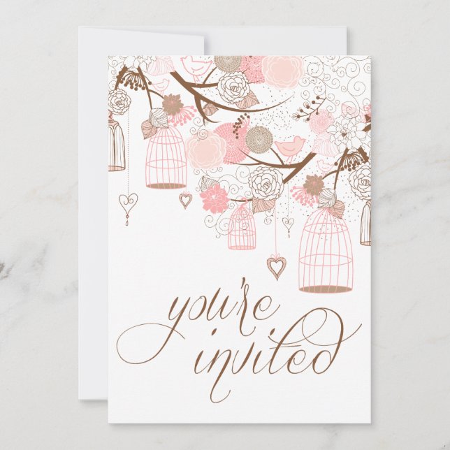 Pink Flowers Hearts & Birdcages Wedding Invitation (Front)
