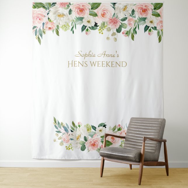 Pink Flowers Hens Weekend Photo Booth Backdrop Tapestry (In Situ)