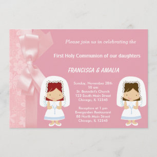 Pink Flowers Holy Communion Twins Invitation