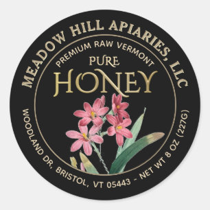 PINK FLOWERS HONEY LABEL GOLD ON BLACK