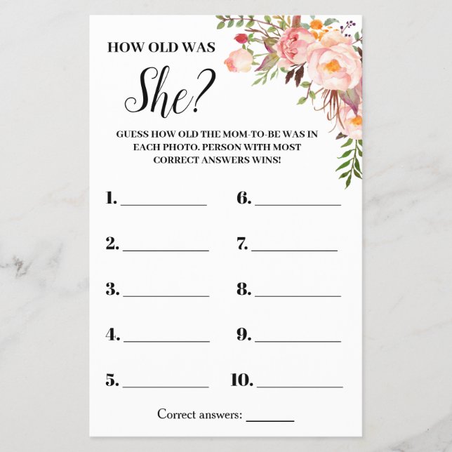 Pink Flowers How old was She Baby Shower Game card (Front)