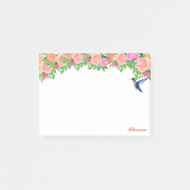 Pink flowers, hummingbird & calligraphy on white post-it notes (Front)