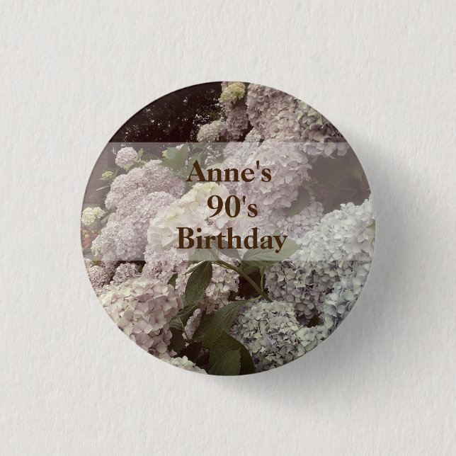 Pink Flowers Hydrangea 90th Birthday Badges 1 Inch Round Button (Front)