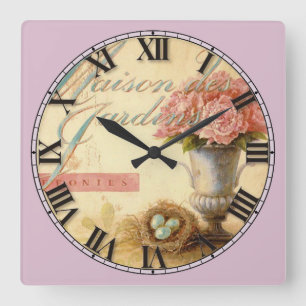 Pink Flowers in a Vase Roman Numeral Square Wall Clock