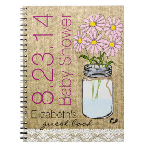 Pink Flowers In Mason Jar Baby Shower Guest Book- Notebook