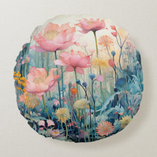 Pink Flowers In The Spring Mid-Century Watercolor  Round Pillow