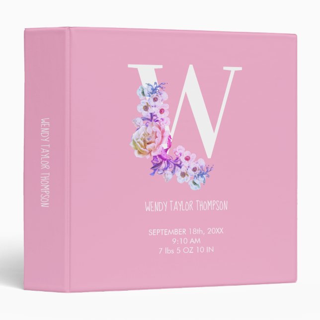 Pink Flowers Initial Baby Birth Stats Baby Album Binder (Front/Spine)