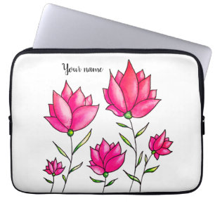 Pink Flowers Ink Watercolor Artsy Girly Name Laptop Sleeve