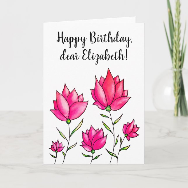 Pink Flowers Ink Watercolor Happy Birthday Name Card (Front)