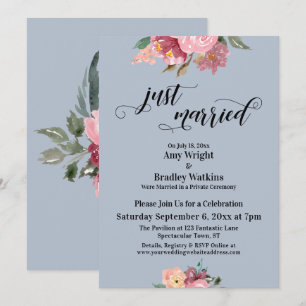 Pink Flowers Just Married Typography Dusty Blue Invitation