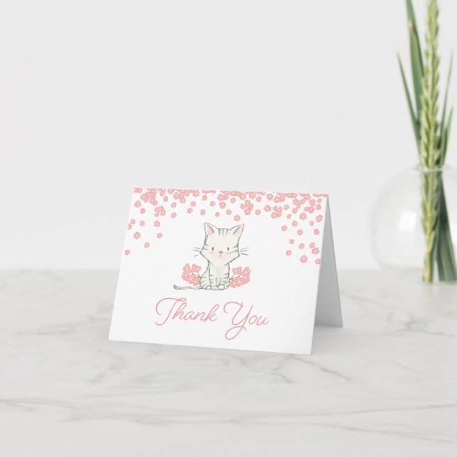 Pink Flowers Kitten Girl Baby Shower Thank You Card (Front)