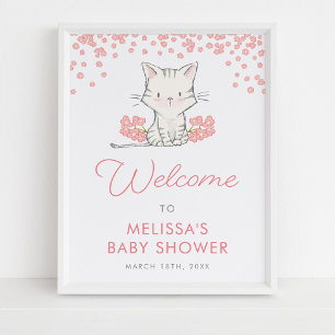 Pink Flowers Kitten Girl Baby Shower Welcome Poster