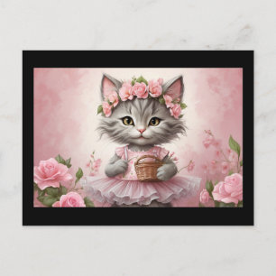 Pink Flowers Kitten in Dress Postcard