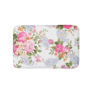 Pink Flowers Knitted Leaves Bath Mat