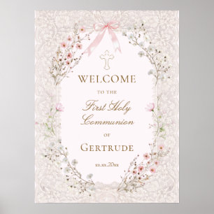pink flowers lace frame First Communion welcome Poster
