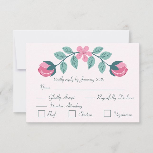 pink flowers &leaves response card RSVP (Front)
