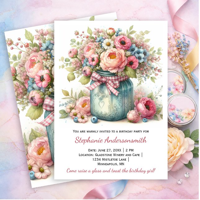 Pink Flowers Mason Jar Birthday Party | Invitation (Creator Uploaded)