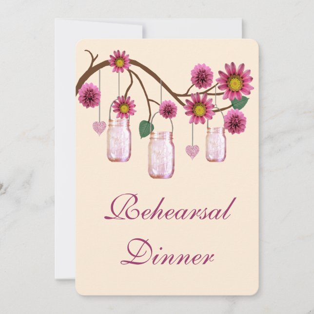 Pink Flowers Mason Jar Rehearsal Dinner Invitation (Front)