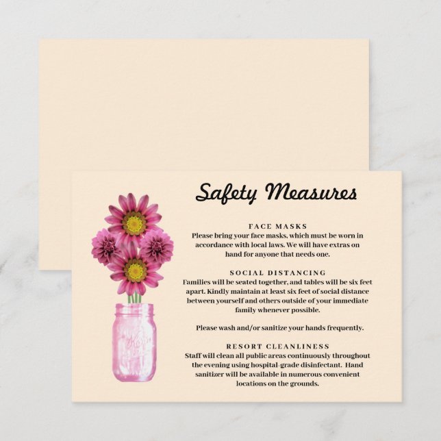 Pink Flowers Mason Jar Safety Measures Enclosure Card (Front/Back)