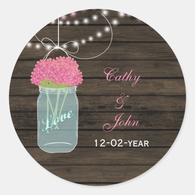 pink flowers mason jar wedding favour stickers (Front)