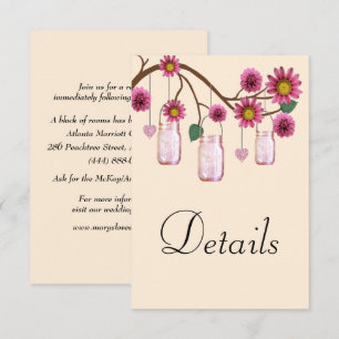 Pink Flowers Mason Jars Wedding Details Enclosure Card