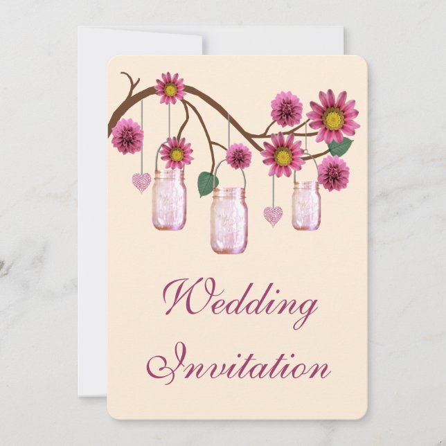 Pink Flowers Mason Jars Wedding Invitation (Front)