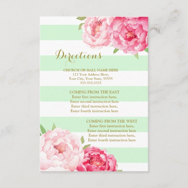 Pink Flowers Mint Stripes Wedding Direction Insert (Front)