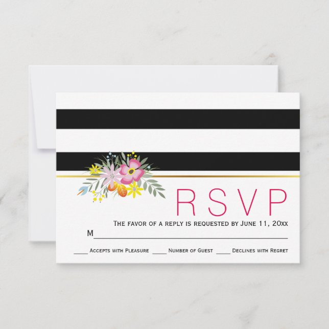 Pink flowers modern stripes floral wedding RSVP (Front)