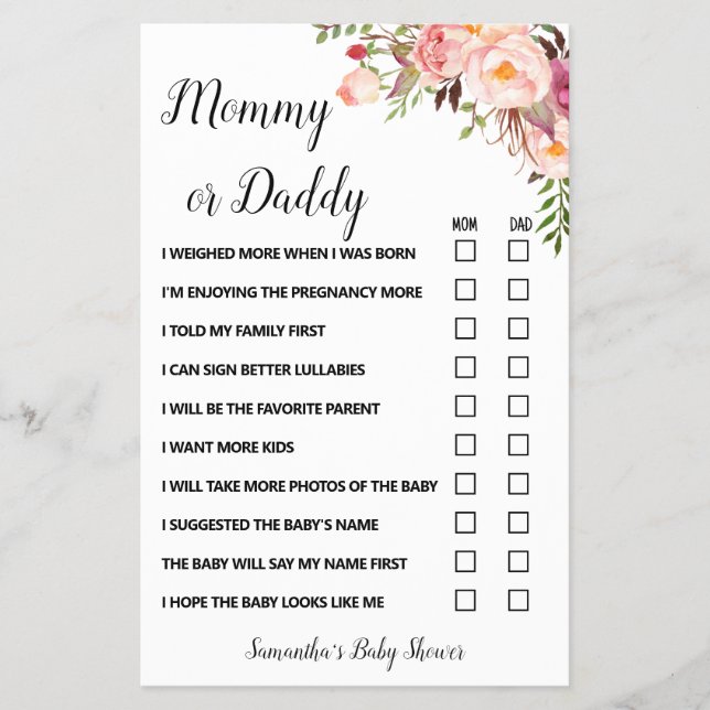 Pink Flowers Mom or Dad Said Baby Shower Game card (Front)