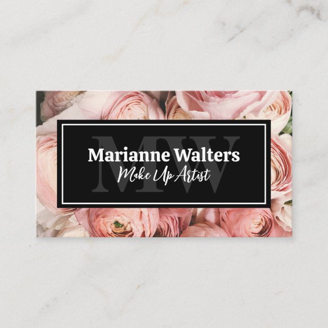 Pink Flowers | Monogram Business Card (Front)