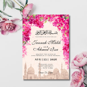 pink flowers mosque muslim wedding invitation