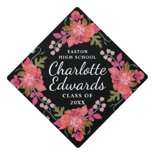Pink Flowers Name Year School  Graduation Cap Topper