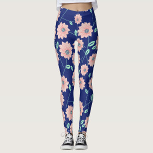 Pink Flowers Navy Blue Leggings