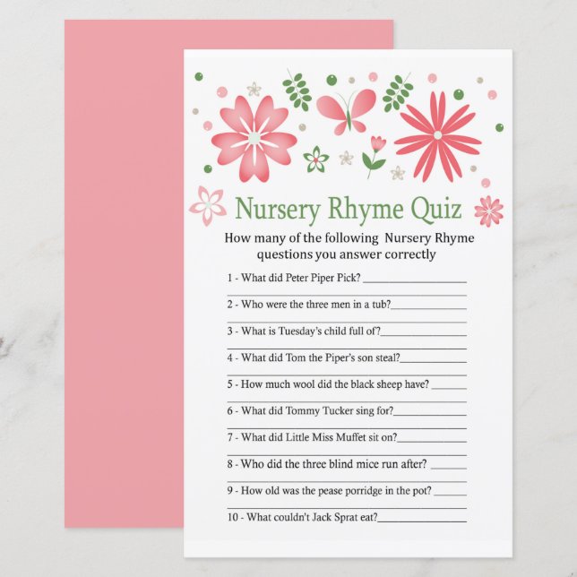 Pink Flowers Nursery Rhyme Quiz baby shower game (Front/Back)