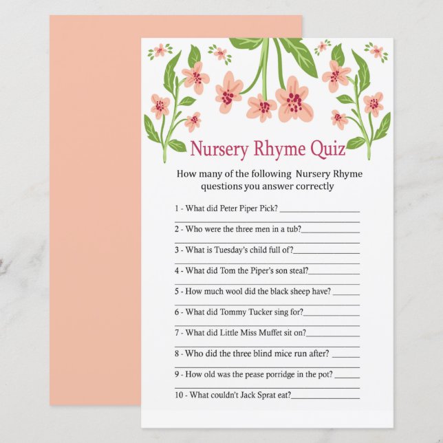 Pink Flowers Nursery Rhyme Quiz baby shower game (Front/Back)