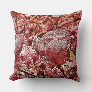 Pink flowers of magnolia throw pillow