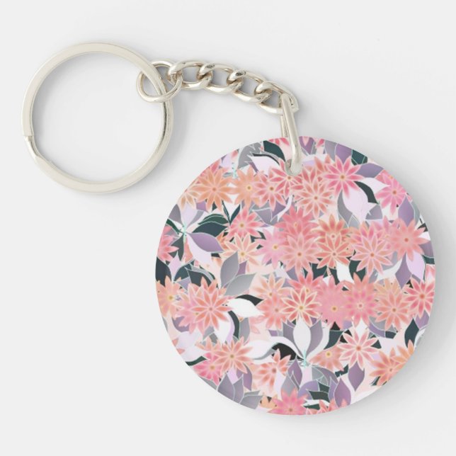 Pink flowers on a background of silver leaves keychain (Front)
