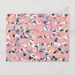 Pink flowers on a background of silver leaves postcard