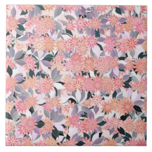 Pink flowers on a background of silver leaves tile