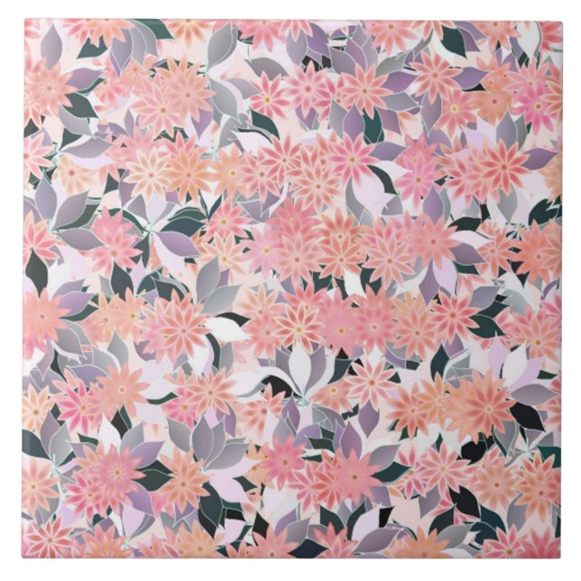 Pink flowers on a background of silver leaves tile (Front)