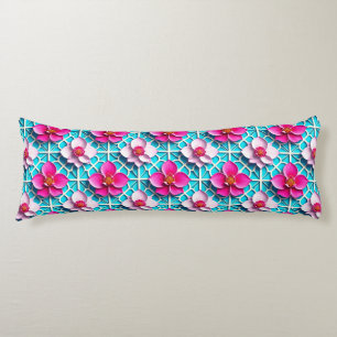 Pink Flowers on a Geometric Blue Background Body Pillow