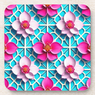 Pink Flowers on a Geometric Blue Background Coaster