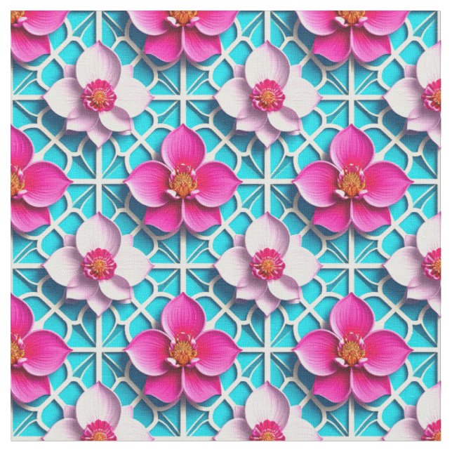 Pink Flowers on a Geometric Blue Background Fabric (Close Up)