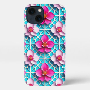 Pink Flowers on a Geometric Blue Background iPhone 13 Case