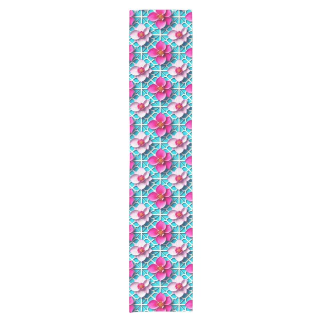 Pink Flowers on a Geometric Blue Background Short Table Runner (Front)