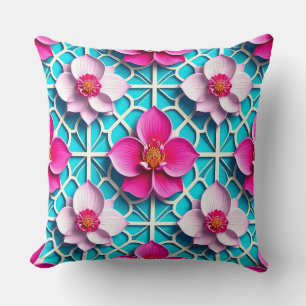 Pink Flowers on a Geometric Blue Background Throw Pillow